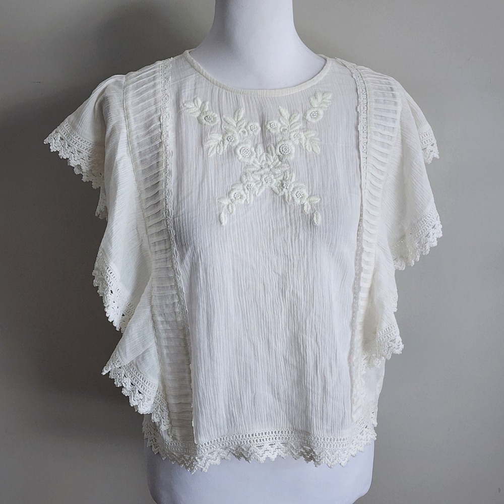 Embroidered Lace Trim Blouse Top M Ivory Flutter Sleeve Boho Fairy Ethereal